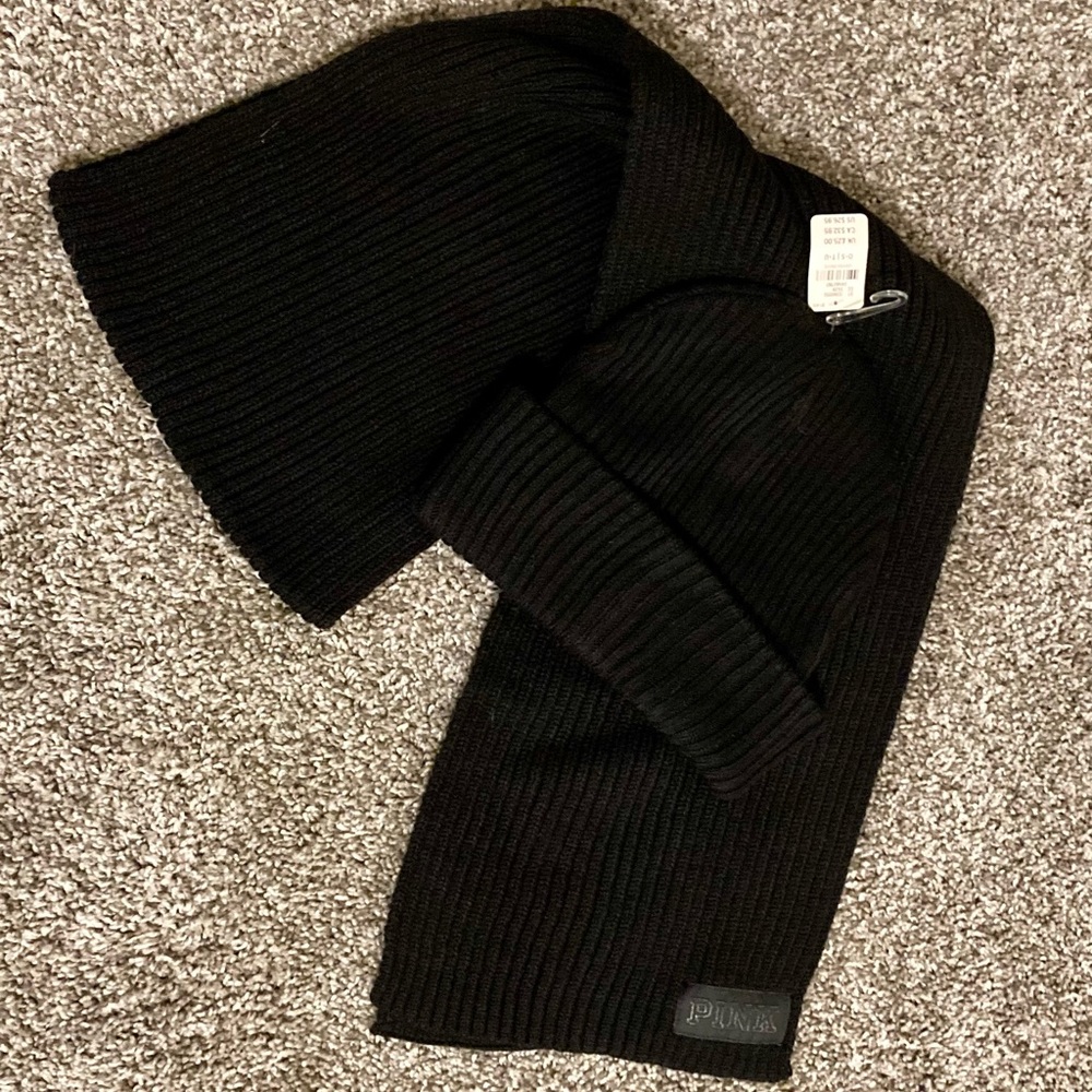 NWT Victoria’s Secret PINK black winter hat and scarf set